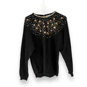 Vintage Glam Rock Sweater Size Small Gold Rosette Ramie Sequins